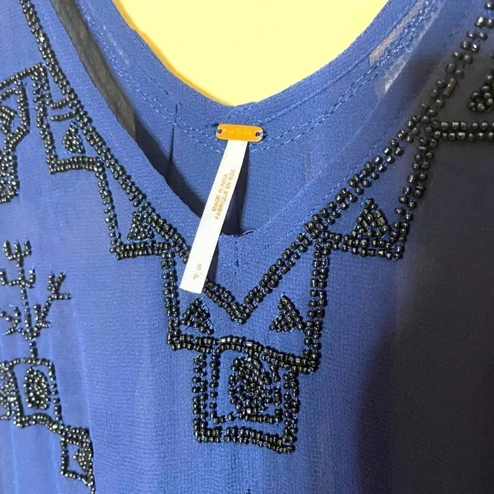Free People Navy Blue Sheer Beaded Run With It Tank Top